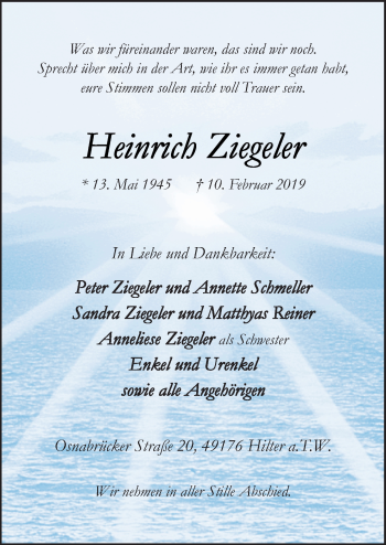 Traueranzeige von Heinrich Ziegeler von Neue Osnabrücker Zeitung GmbH & Co. KG
