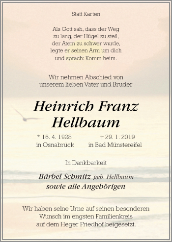 Traueranzeige von Heinrich Franz Hellbaum von Neue Osnabrücker Zeitung GmbH & Co. KG