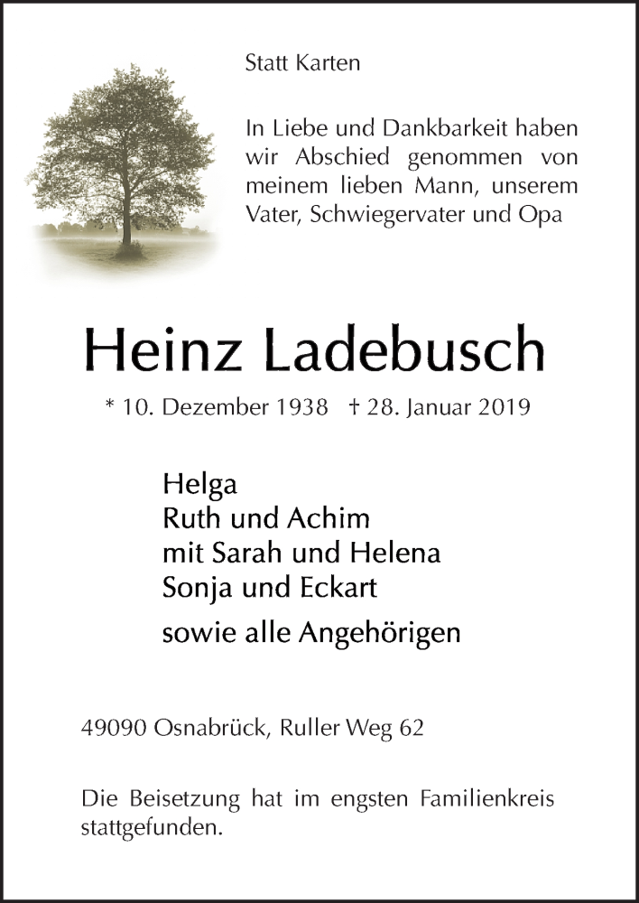  Traueranzeige für Heinz Ladebusch vom 09.02.2019 aus Neue Osnabrücker Zeitung GmbH & Co. KG
