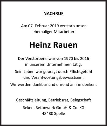 Traueranzeige von Heinz Rauen von Neue Osnabrücker Zeitung GmbH & Co. KG