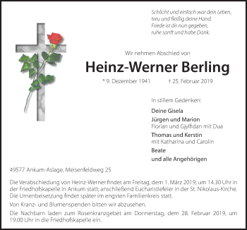 Traueranzeige von Heinz-Werner Berling von Neue Osnabrücker Zeitung GmbH & Co. KG
