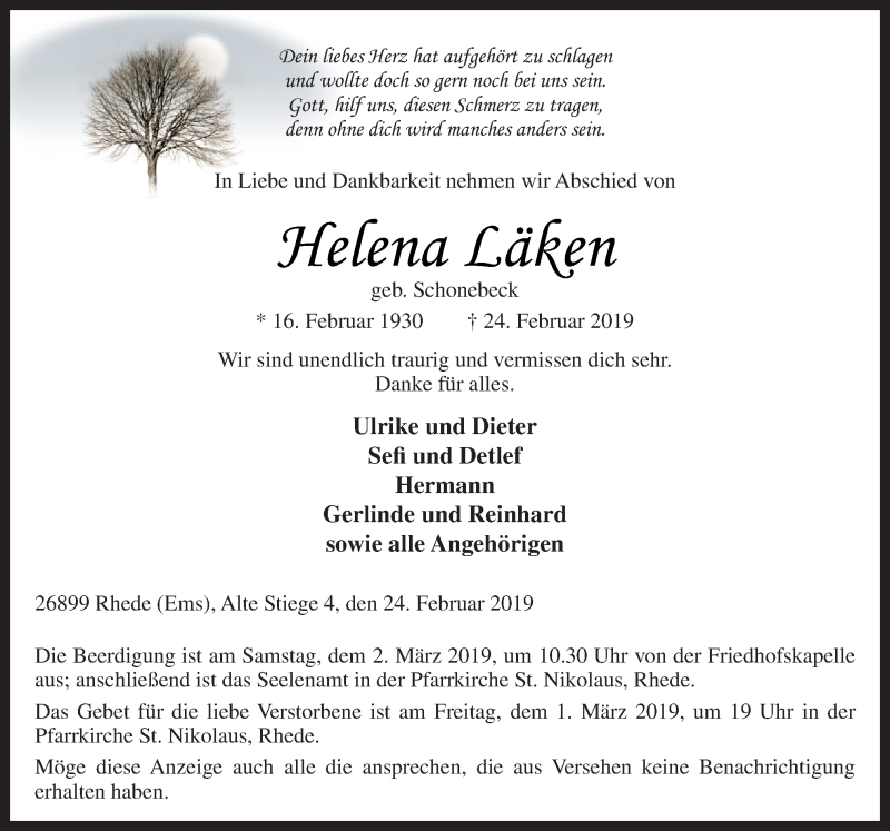  Traueranzeige für Helena Läken vom 27.02.2019 aus Neue Osnabrücker Zeitung GmbH & Co. KG