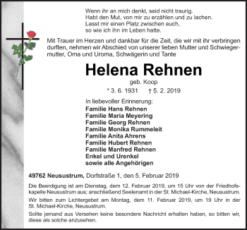Traueranzeige von Helena Rehnen von Neue Osnabrücker Zeitung GmbH & Co. KG