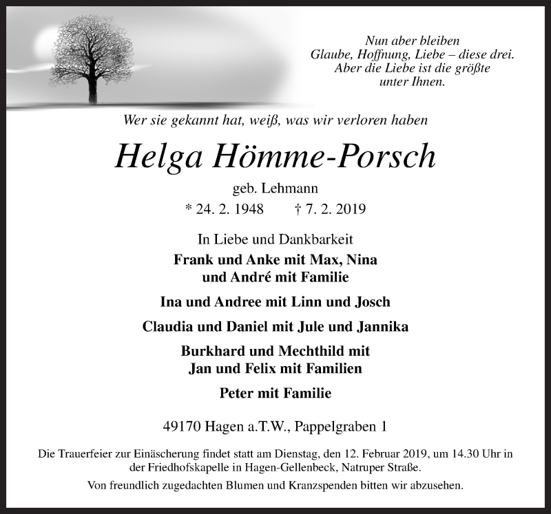  Traueranzeige für Helga Hömme-Porsch vom 09.02.2019 aus Neue Osnabrücker Zeitung GmbH & Co. KG