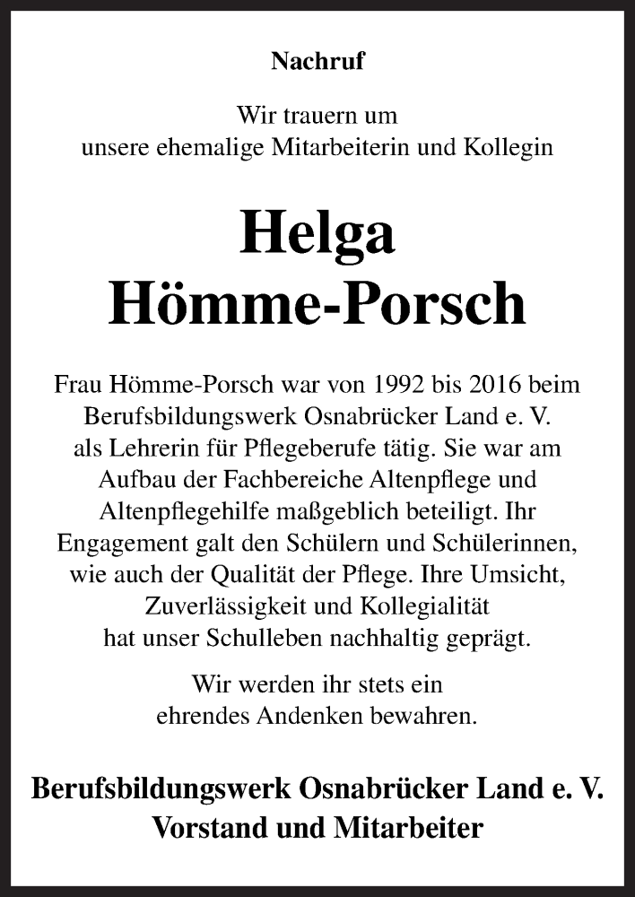  Traueranzeige für Helga Hömme-Porsch vom 23.02.2019 aus Neue Osnabrücker Zeitung GmbH & Co. KG