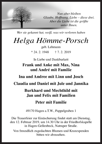 Traueranzeige von Helga Hömme-Porsch von Neue Osnabrücker Zeitung GmbH & Co. KG