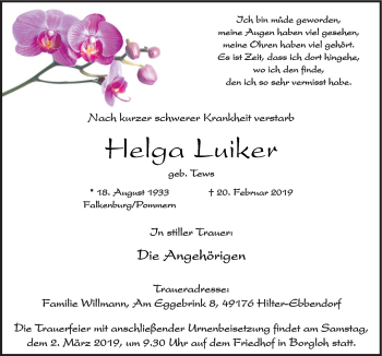 Traueranzeige von Helga Luiker von Neue Osnabrücker Zeitung GmbH & Co. KG