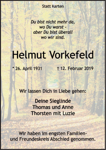 Traueranzeige von Helmut Vorkefeld von Neue Osnabrücker Zeitung GmbH & Co. KG