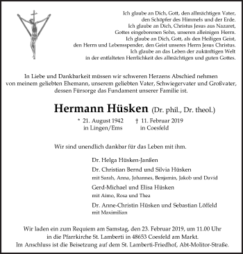 Traueranzeige von Hermann Hüsken von Neue Osnabrücker Zeitung GmbH & Co. KG