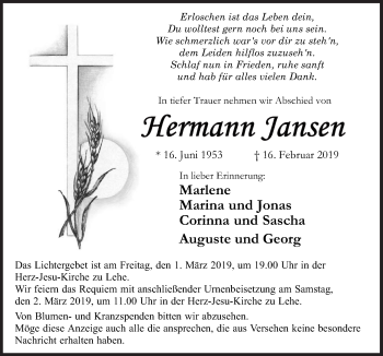 Traueranzeige von Hermann Jansen von Neue Osnabrücker Zeitung GmbH & Co. KG