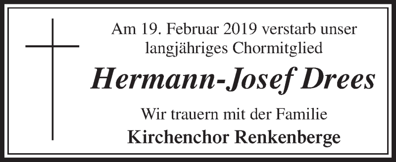  Traueranzeige für Hermann-Josef Drees vom 25.02.2019 aus Neue Osnabrücker Zeitung GmbH & Co. KG