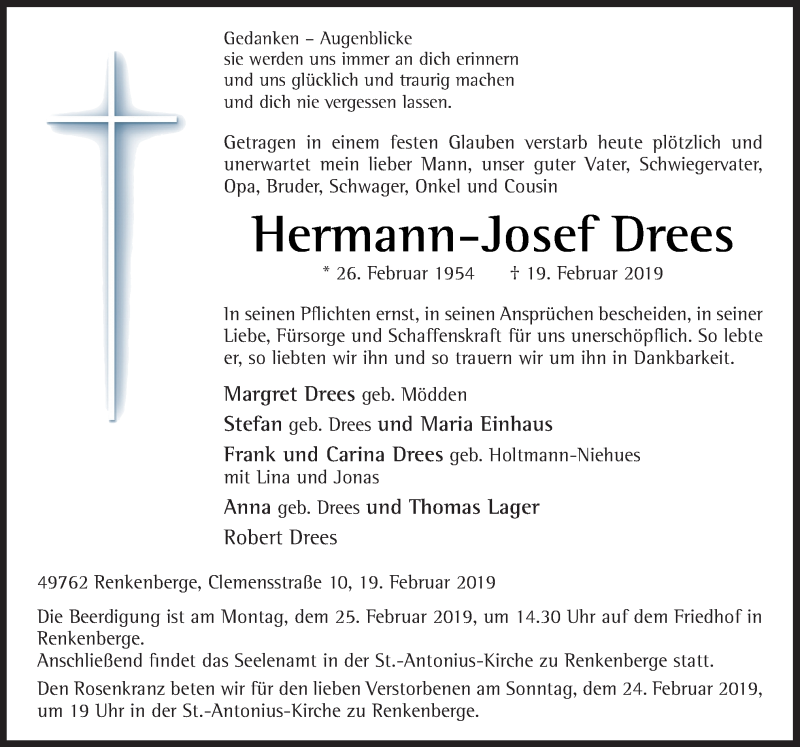  Traueranzeige für Hermann-Josef Drees vom 22.02.2019 aus Neue Osnabrücker Zeitung GmbH & Co. KG