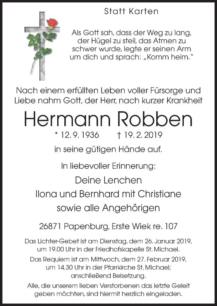  Traueranzeige für Hermann Robben vom 22.02.2019 aus Neue Osnabrücker Zeitung GmbH & Co. KG