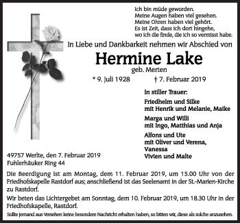 Traueranzeige von Hermine Lake von Neue Osnabrücker Zeitung GmbH & Co. KG