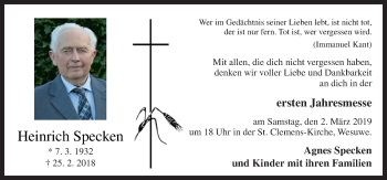 Traueranzeige von Hienrich Specken von Neue Osnabrücker Zeitung GmbH & Co. KG