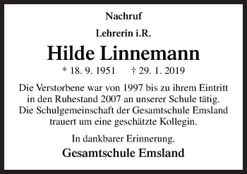 Traueranzeige von Hilde Linnemann von Neue Osnabrücker Zeitung GmbH & Co. KG