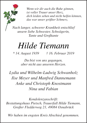 Traueranzeige von Hilde Tiemann von Neue Osnabrücker Zeitung GmbH & Co. KG