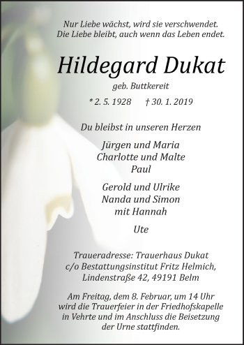 Traueranzeige von Hildegard Dukat von Neue Osnabrücker Zeitung GmbH & Co. KG