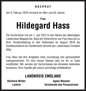 Traueranzeige von Hildegard Hass von Neue Osnabrücker Zeitung GmbH & Co. KG