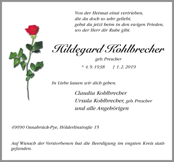 Traueranzeige von Hildegard Kohlbrecher von Neue Osnabrücker Zeitung GmbH & Co. KG
