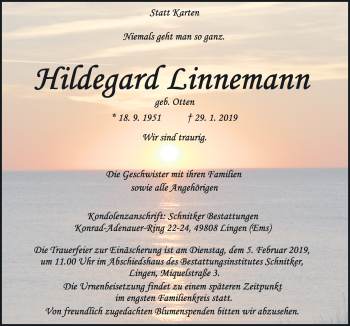 Traueranzeige von Hildegard Linnemann von Neue Osnabrücker Zeitung GmbH & Co. KG