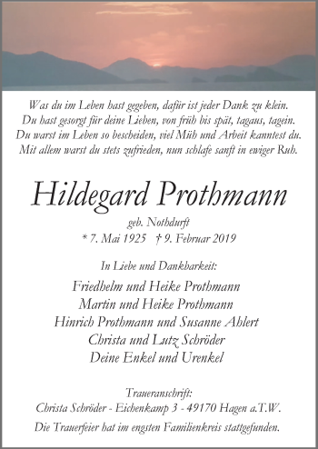 Traueranzeige von Hildegard Prothmann von Neue Osnabrücker Zeitung GmbH & Co. KG