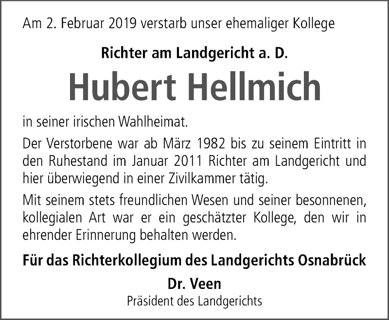  Traueranzeige für Hubert Hellmich vom 16.02.2019 aus Neue Osnabrücker Zeitung GmbH & Co. KG