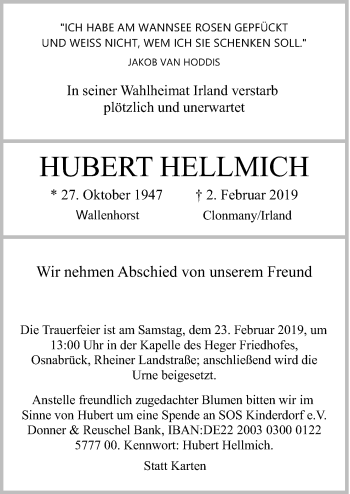 Traueranzeige von Hubert Hellmich von Neue Osnabrücker Zeitung GmbH & Co. KG