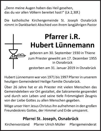 Traueranzeige von Hubert Lünnemann von Neue Osnabrücker Zeitung GmbH & Co. KG