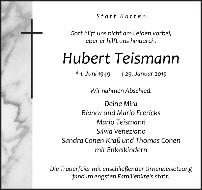  Traueranzeige für Hubert Teismann vom 16.02.2019 aus Neue Osnabrücker Zeitung GmbH & Co. KG