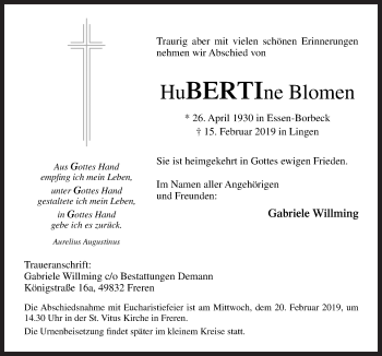 Traueranzeige von Hubertine Blomen von Neue Osnabrücker Zeitung GmbH & Co. KG
