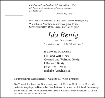 Traueranzeige von Ida Bettig von Neue Osnabrücker Zeitung GmbH & Co. KG