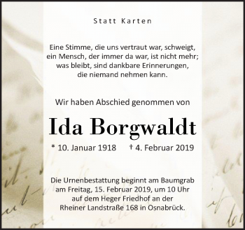 Traueranzeige von Ida Borgwaldt von Neue Osnabrücker Zeitung GmbH & Co. KG