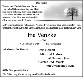 Traueranzeige von Ina Venzke von Neue Osnabrücker Zeitung GmbH & Co. KG