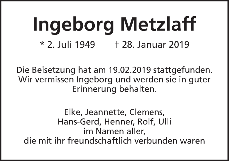  Traueranzeige für Ingeborg Metzlaff vom 23.02.2019 aus Neue Osnabrücker Zeitung GmbH & Co. KG