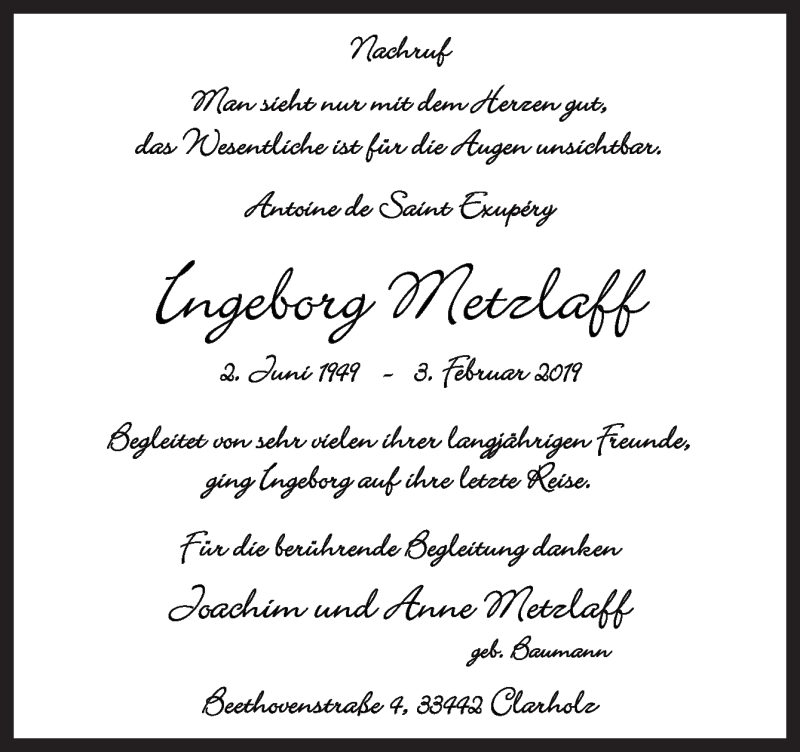  Traueranzeige für Ingeborg Metzlaff vom 23.02.2019 aus Neue Osnabrücker Zeitung GmbH & Co. KG