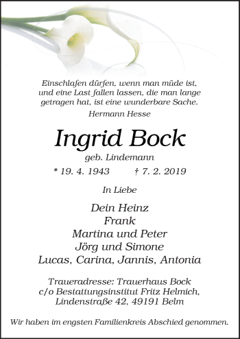 Traueranzeige von Ingrid Bock von Neue Osnabrücker Zeitung GmbH & Co. KG