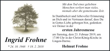 Traueranzeige von Ingrid Frohne von Neue Osnabrücker Zeitung GmbH & Co. KG