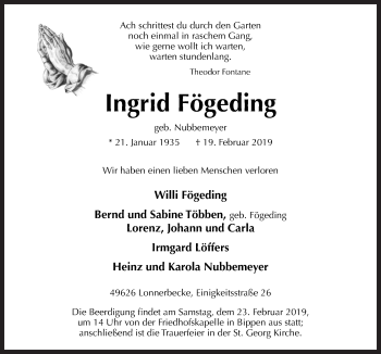Traueranzeige von Ingrid Fögeding von Neue Osnabrücker Zeitung GmbH & Co. KG