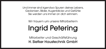 Traueranzeige von Ingrid Petering von Neue Osnabrücker Zeitung GmbH & Co. KG