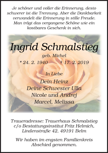 Traueranzeige von Ingrid Schmalstieg von Neue Osnabrücker Zeitung GmbH & Co. KG
