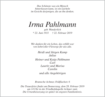 Traueranzeige von Irma Pahlmann von Neue Osnabrücker Zeitung GmbH & Co. KG