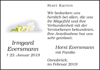 Traueranzeige von Irmgard Eversmann von Neue Osnabrücker Zeitung GmbH & Co. KG