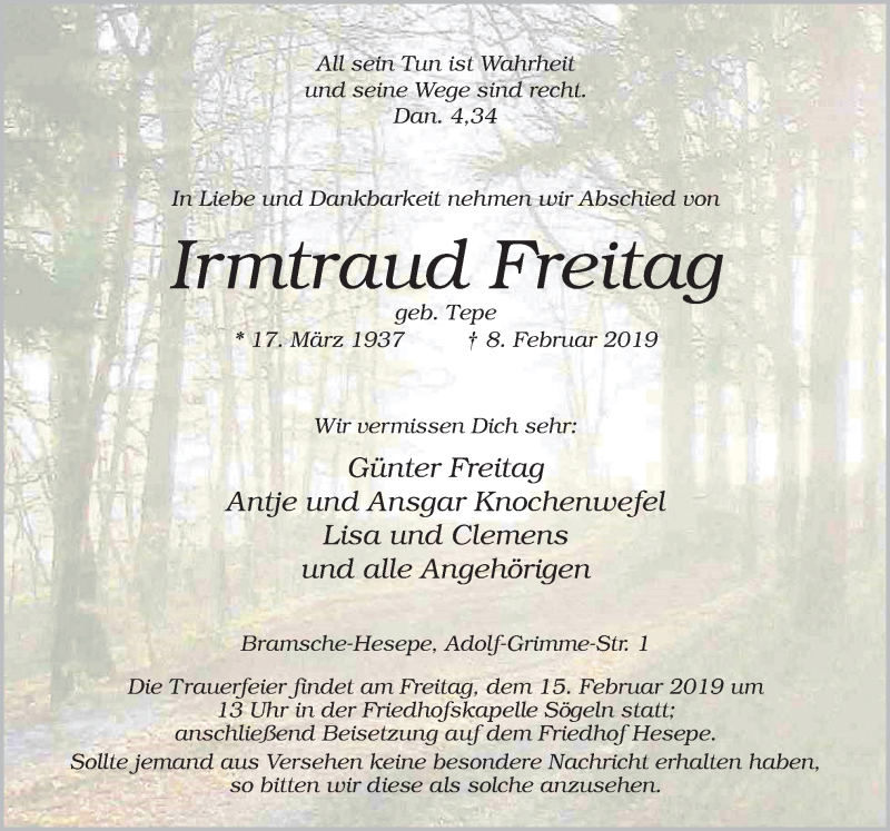  Traueranzeige für Irmtraud Freitag vom 12.02.2019 aus Neue Osnabrücker Zeitung GmbH & Co. KG