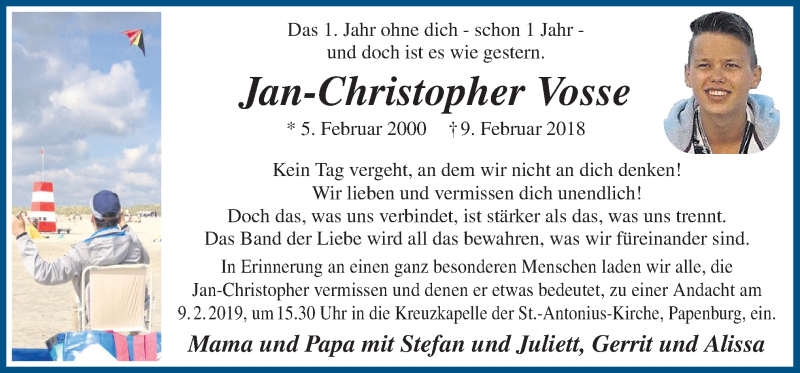  Traueranzeige für Jan-Christopher Vosse vom 05.02.2019 aus Neue Osnabrücker Zeitung GmbH & Co. KG
