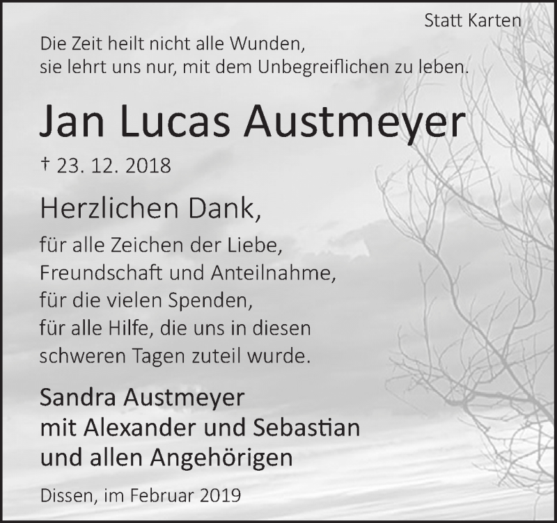  Traueranzeige für Jan Lucas Austmeyer vom 23.02.2019 aus Neue Osnabrücker Zeitung GmbH & Co. KG