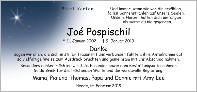  Traueranzeige für Joe Pospischil vom 16.02.2019 aus Neue Osnabrücker Zeitung GmbH & Co. KG