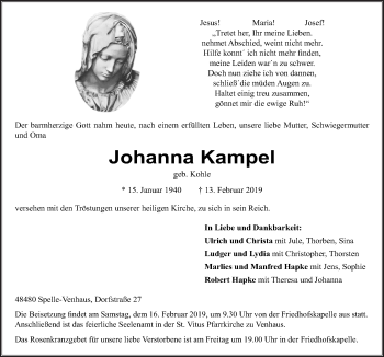 Traueranzeige von Johanna Kampel von Neue Osnabrücker Zeitung GmbH & Co. KG