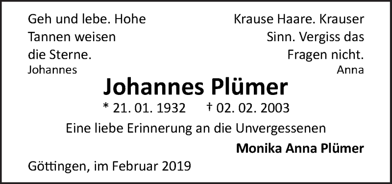  Traueranzeige für Johannes Plümer vom 02.02.2019 aus Neue Osnabrücker Zeitung GmbH & Co. KG