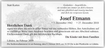 Traueranzeige von Josef Etmann von Neue Osnabrücker Zeitung GmbH & Co. KG